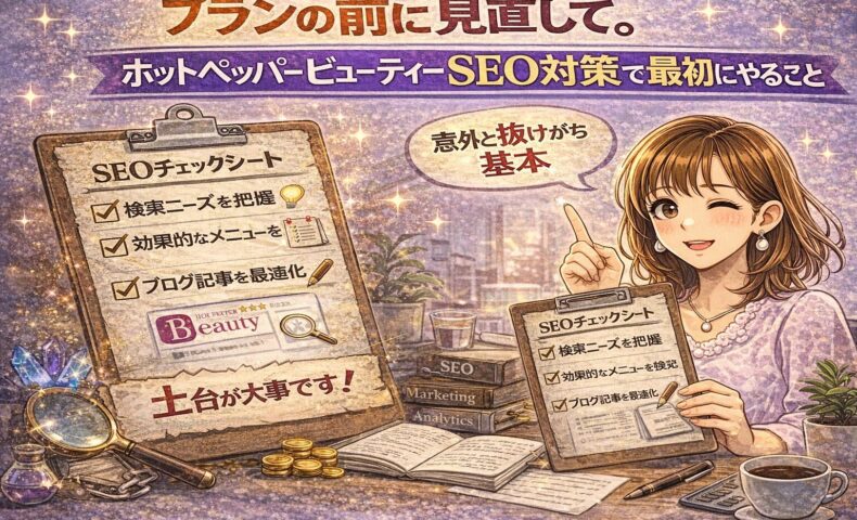 プランの前に見直して。ホットペッパービューティーSEO対策で最初にやることを解説したアイキャッチ画像。SEOチェックシートを手に基本を説明するサロンオーナーのイラスト。