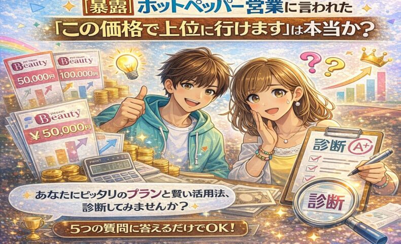 ホットペッパービューティーの掲載料に悩むサロンオーナーが、診断テストで最適な使い方を見つける様子を描いたイラスト。チェックリストや料金表、前向きな表情が特徴。