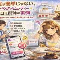 ホットペッパービューティーの口コミ削除が簡単ではない現実を表現したイラスト。審査やルールに悩むサロンオーナーと、厳格なチェック体制を象徴するビジュアル。