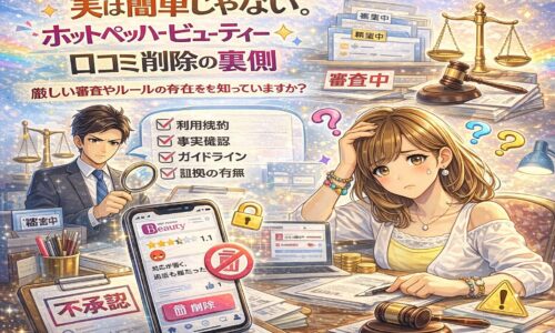 ホットペッパービューティーの口コミ削除が簡単ではない現実を表現したイラスト。審査やルールに悩むサロンオーナーと、厳格なチェック体制を象徴するビジュアル。