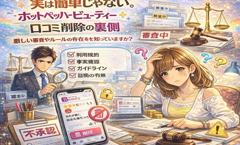 ホットペッパービューティーの口コミ削除が簡単ではない現実を表現したイラスト。審査やルールに悩むサロンオーナーと、厳格なチェック体制を象徴するビジュアル。