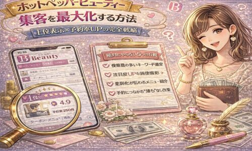 ホットペッパービューティー集客戦略をテーマにしたアイキャッチ画像。ピンクとゴールド基調のデザインで、スマホに表示されたサロン検索画面、1位表示や高評価レビュー、予約数アップを示す要素、チェックリスト形式の戦略ボードが描かれている。