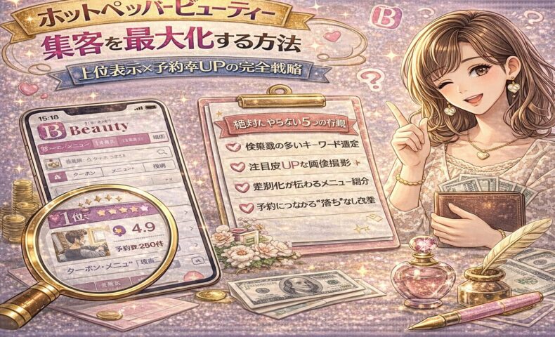 ホットペッパービューティー集客戦略をテーマにしたアイキャッチ画像。ピンクとゴールド基調のデザインで、スマホに表示されたサロン検索画面、1位表示や高評価レビュー、予約数アップを示す要素、チェックリスト形式の戦略ボードが描かれている。