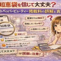 知恵袋を信じて大丈夫？ホットペッパービューティー掲載料の誤解と真実を解説するアイキャッチ画像。知恵袋の投稿を拡大して確認しながら、掲載料に悩むサロンオーナーを描いたイラスト。