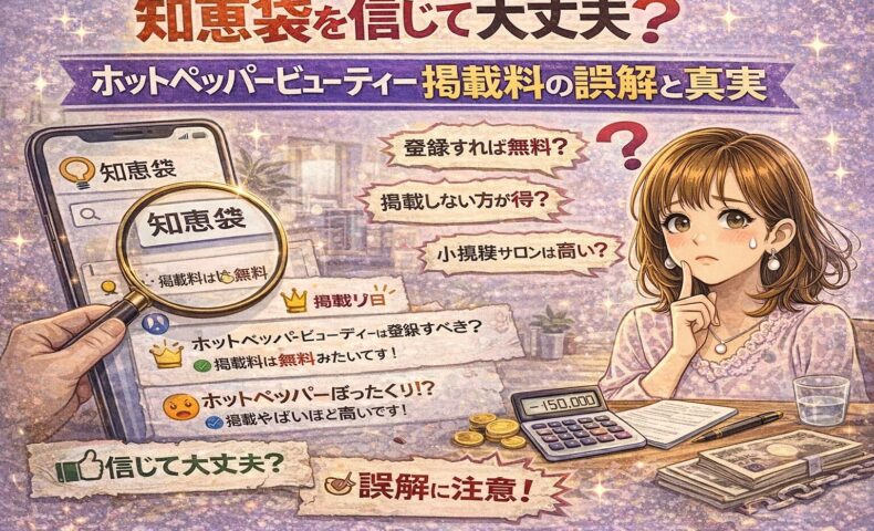 知恵袋を信じて大丈夫？ホットペッパービューティー掲載料の誤解と真実を解説するアイキャッチ画像。知恵袋の投稿を拡大して確認しながら、掲載料に悩むサロンオーナーを描いたイラスト。