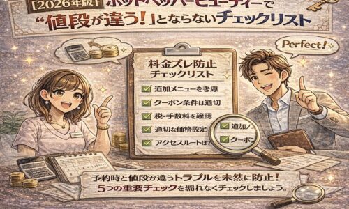 ホットペッパービューティーで料金トラブルを防ぐためのチェックリストを確認するサロンオーナーを描いた、日本風アニメ調のインフォグラフィック画像。