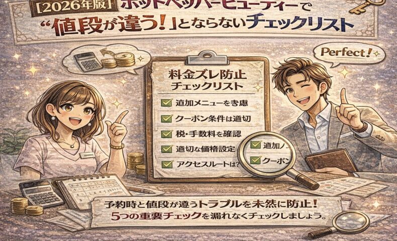 ホットペッパービューティーで料金トラブルを防ぐためのチェックリストを確認するサロンオーナーを描いた、日本風アニメ調のインフォグラフィック画像。