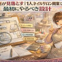 1人ネイルサロン開業の初期設計をテーマに、間取り図や計画メモ、電卓やネイル用品とともに前向きなネイリストを描いたアニメ風アイキャッチ画像