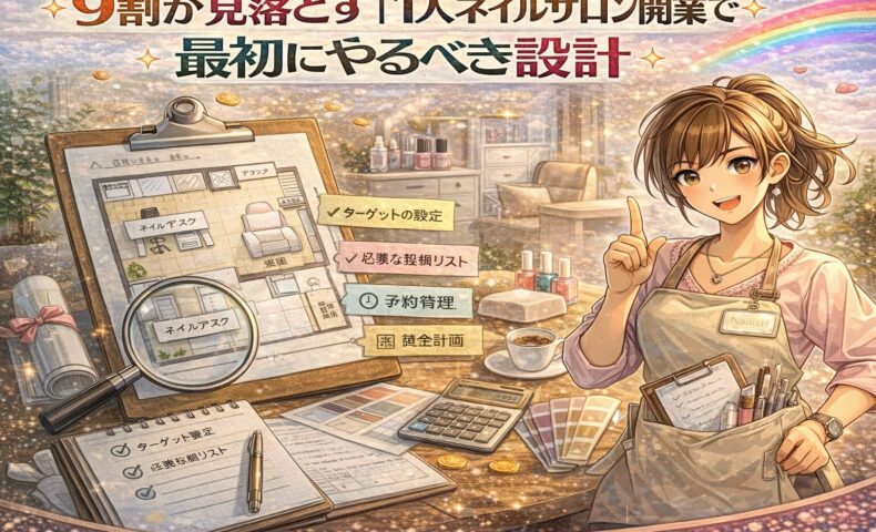 1人ネイルサロン開業の初期設計をテーマに、間取り図や計画メモ、電卓やネイル用品とともに前向きなネイリストを描いたアニメ風アイキャッチ画像
