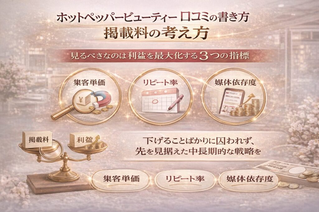 値引きより大切なホットペッパービューティー掲載料の考え方として、集客単価・リピート率・媒体依存度の3指標を示した横型バナー画像