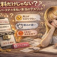 ホットペッパースマート支払いの手数料や売上管理に悩み、スマホ画面を見ながら不安そうな表情を浮かべるサロンオーナーの女性を描いたイメージ画像