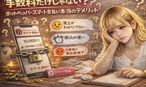 ホットペッパースマート支払いの手数料や売上管理に悩み、スマホ画面を見ながら不安そうな表情を浮かべるサロンオーナーの女性を描いたイメージ画像