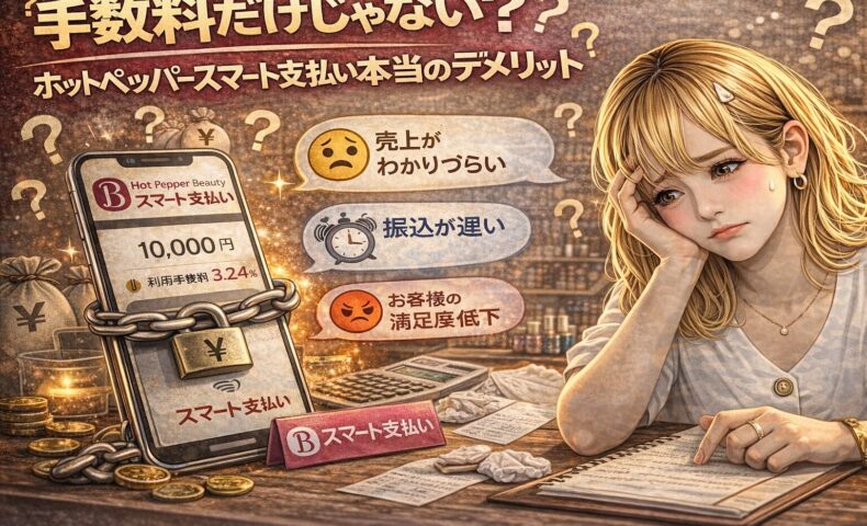 ホットペッパースマート支払いの手数料や売上管理に悩み、スマホ画面を見ながら不安そうな表情を浮かべるサロンオーナーの女性を描いたイメージ画像