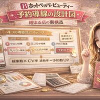 ホットペッパービューティーの予約導線設計をテーマにしたアイキャッチ画像。金とピンクを基調に、4つの導線設計ステップ、検索→口コミ→予約ボタンまでの流れ図、検索数×CV率の計算式、スマホ画面や売上資料が配置され、右側には予約導線設計ガイドを持つ女性が描かれている。