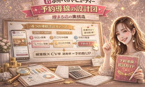ホットペッパービューティーの予約導線設計をテーマにしたアイキャッチ画像。金とピンクを基調に、4つの導線設計ステップ、検索→口コミ→予約ボタンまでの流れ図、検索数×CV率の計算式、スマホ画面や売上資料が配置され、右側には予約導線設計ガイドを持つ女性が描かれている。