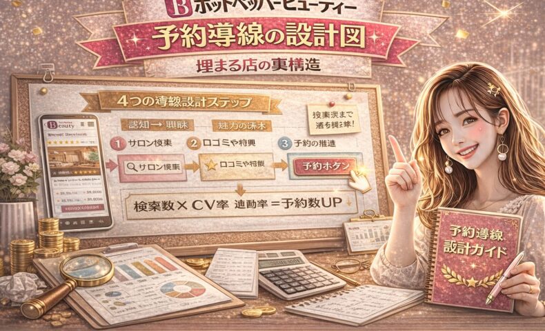 ホットペッパービューティーの予約導線設計をテーマにしたアイキャッチ画像。金とピンクを基調に、4つの導線設計ステップ、検索→口コミ→予約ボタンまでの流れ図、検索数×CV率の計算式、スマホ画面や売上資料が配置され、右側には予約導線設計ガイドを持つ女性が描かれている。