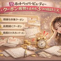 ホットペッパービューティーのクーポン設計ミスによる疲弊をテーマにしたアイキャッチ画像。掲示板に「煩雑な作業クーポン」「長期続くクーポン」「負担だけ大きいクーポン」と警告マーク付きで表示され、机の上には大量のクーポンや書類、コイン、時計があり、疲れた表情の女性が描かれている。