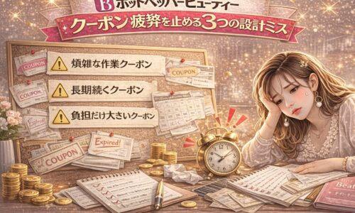 ホットペッパービューティーのクーポン設計ミスによる疲弊をテーマにしたアイキャッチ画像。掲示板に「煩雑な作業クーポン」「長期続くクーポン」「負担だけ大きいクーポン」と警告マーク付きで表示され、机の上には大量のクーポンや書類、コイン、時計があり、疲れた表情の女性が描かれている。