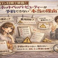 ホットペッパービューティーで予約ができない理由をサロン目線で解説するアイキャッチ画像。予約枠が埋まったスケジュール表と疑問を抱くスタッフ、理由を説明する人物が描かれている。