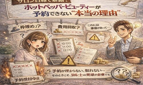 ホットペッパービューティーで予約ができない理由をサロン目線で解説するアイキャッチ画像。予約枠が埋まったスケジュール表と疑問を抱くスタッフ、理由を説明する人物が描かれている。