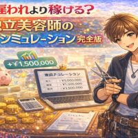独立美容師の年収シミュレーションをテーマに、収益グラフや現金、パソコン画面の数値を背景に自信ある美容師を描いたアニメ風アイキャッチ画像