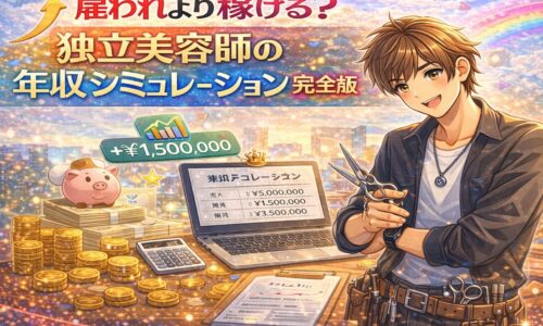 独立美容師の年収シミュレーションをテーマに、収益グラフや現金、パソコン画面の数値を背景に自信ある美容師を描いたアニメ風アイキャッチ画像