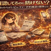 ホットペッパービューティーの予約確認やリマインドを行っているにも関わらず無断キャンセルが発生し、悩むサロンオーナーと機能の限界を象徴するイラスト