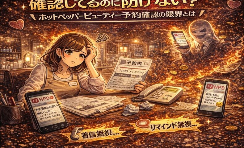 ホットペッパービューティーの予約確認やリマインドを行っているにも関わらず無断キャンセルが発生し、悩むサロンオーナーと機能の限界を象徴するイラスト