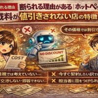ホットペッパービューティー掲載料が値引きされない理由を表現したイラスト。困惑するサロンオーナーと「NO DISCOUNT」と表示された画面、値引き不可を示す担当者の対比構図。