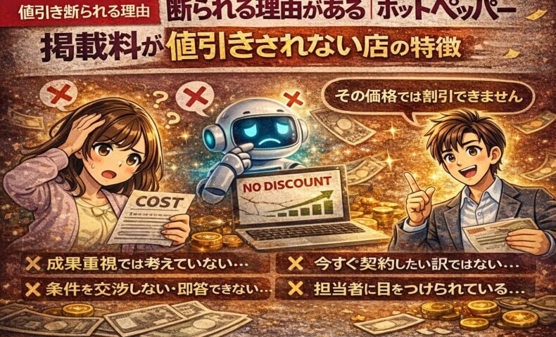ホットペッパービューティー掲載料が値引きされない理由を表現したイラスト。困惑するサロンオーナーと「NO DISCOUNT」と表示された画面、値引き不可を示す担当者の対比構図。