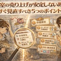 美容室の売上が安定せず悩むオーナーと、原因となる5つのポイントを示したイラストアイキャッチ画像