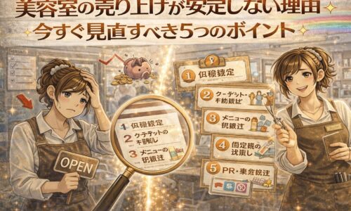 美容室の売上が安定せず悩むオーナーと、原因となる5つのポイントを示したイラストアイキャッチ画像