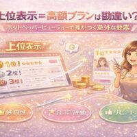 ホットペッパービューティーで上位表示は高額プランが必要という勘違いを解説し、口コミ評価やリピート率など意外な集客要素を示したイラスト