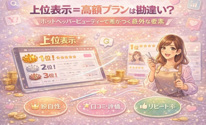 ホットペッパービューティーで上位表示は高額プランが必要という勘違いを解説し、口コミ評価やリピート率など意外な集客要素を示したイラスト