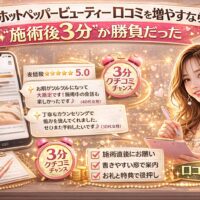ホットペッパービューティーの口コミを増やすために「施術後3分」が重要であることを強調したアイキャッチ画像。スマホに表示された口コミ評価5.0の画面、3分チャンスと書かれた時計アイコン、チェックリスト「施術直後にお願い」「書きやすい形で案内」「お礼と特典で後押し」、メモを持つ女性スタッフが描かれている。