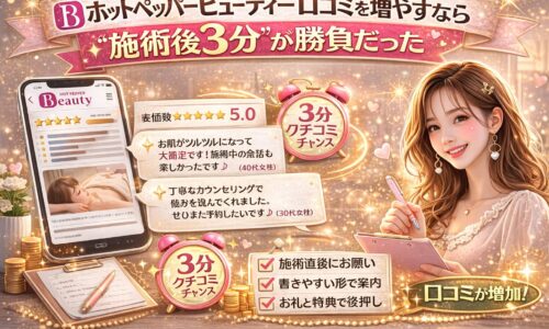 ホットペッパービューティーの口コミを増やすために「施術後3分」が重要であることを強調したアイキャッチ画像。スマホに表示された口コミ評価5.0の画面、3分チャンスと書かれた時計アイコン、チェックリスト「施術直後にお願い」「書きやすい形で案内」「お礼と特典で後押し」、メモを持つ女性スタッフが描かれている。