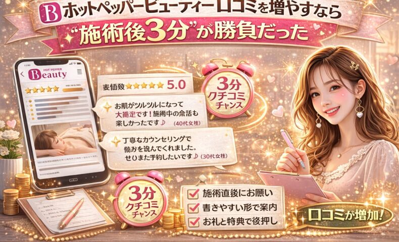 ホットペッパービューティーの口コミを増やすために「施術後3分」が重要であることを強調したアイキャッチ画像。スマホに表示された口コミ評価5.0の画面、3分チャンスと書かれた時計アイコン、チェックリスト「施術直後にお願い」「書きやすい形で案内」「お礼と特典で後押し」、メモを持つ女性スタッフが描かれている。