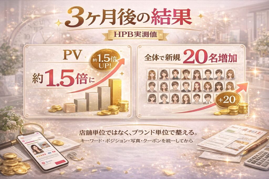 ホットペッパービューティー3ヶ月後の実測結果としてPV約1.5倍・新規20名増加を示す横型インフォグラフィック画像