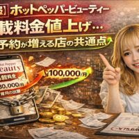 ホットペッパービューティー掲載料金の値上げに悩むサロン経営者と、料金上昇を示すスマホ画面、計算機や書類が並ぶイメージ画像
