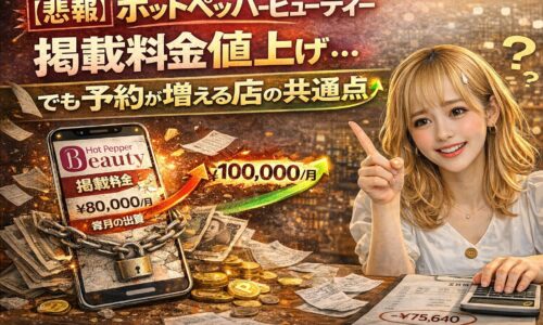 ホットペッパービューティー掲載料金の値上げに悩むサロン経営者と、料金上昇を示すスマホ画面、計算機や書類が並ぶイメージ画像