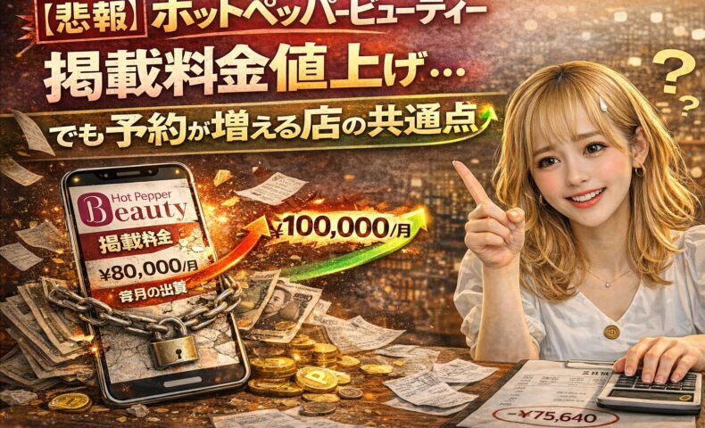 ホットペッパービューティー掲載料金の値上げに悩むサロン経営者と、料金上昇を示すスマホ画面、計算機や書類が並ぶイメージ画像