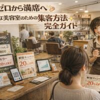 新規客ゼロの状態から満席へ成長する小さな美容室を、集客施策アイコンや売上上昇グラフ、前向きな美容師とともに描いたアニメ風アイキャッチ画像