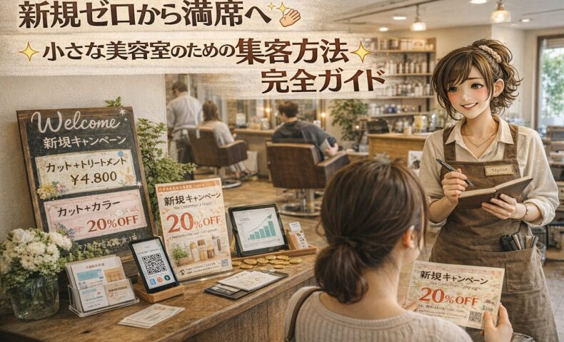 新規客ゼロの状態から満席へ成長する小さな美容室を、集客施策アイコンや売上上昇グラフ、前向きな美容師とともに描いたアニメ風アイキャッチ画像