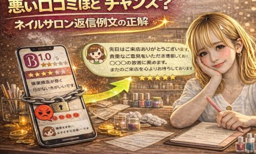 悪い口コミを受け取りながらも前向きに返信内容を考えるネイルサロン経営者の女性と、低評価から高評価へ変化する口コミ画面を描いたイメージ画像