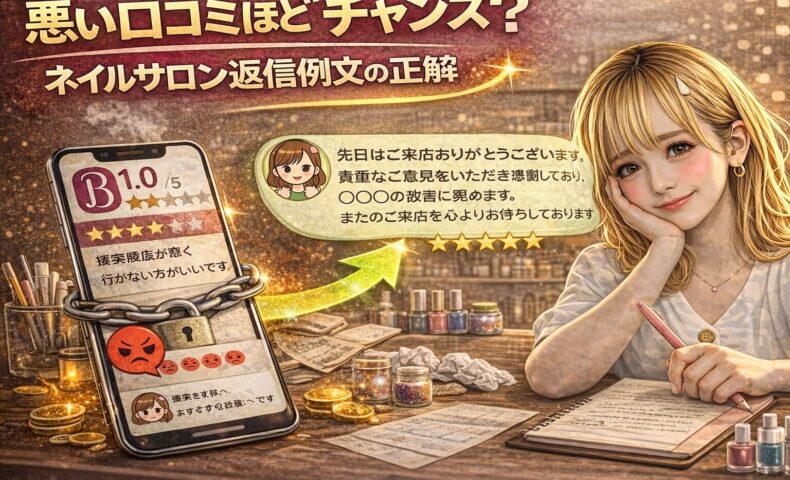 悪い口コミを受け取りながらも前向きに返信内容を考えるネイルサロン経営者の女性と、低評価から高評価へ変化する口コミ画面を描いたイメージ画像