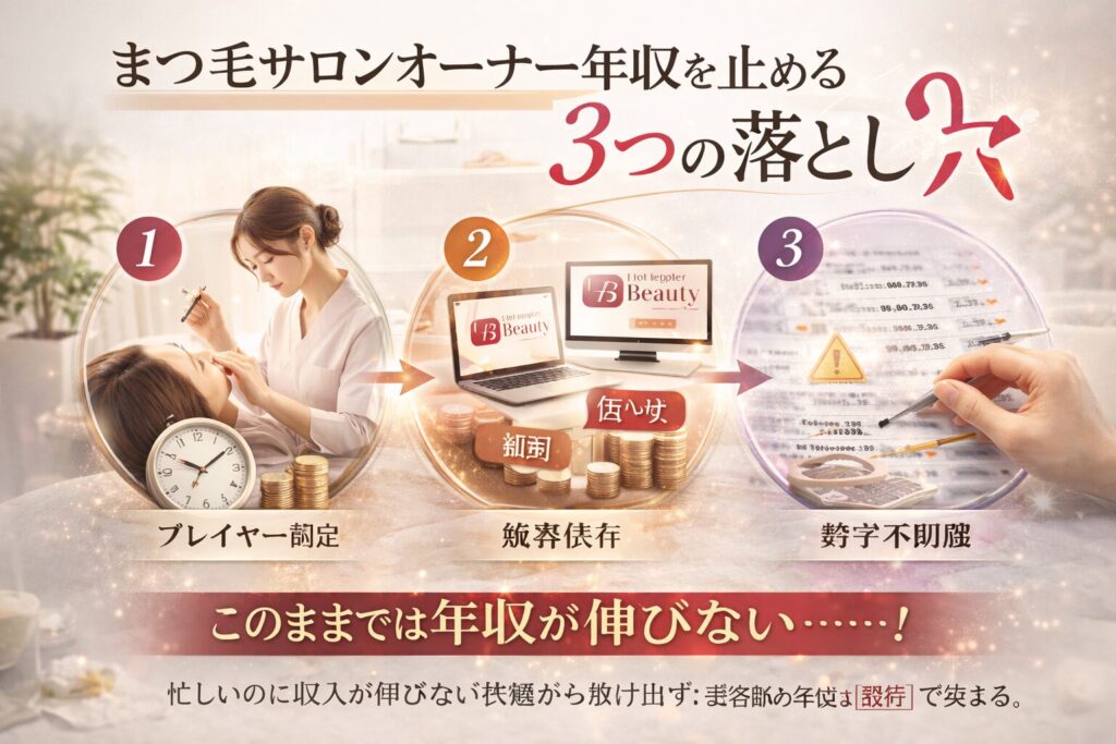 まつ毛サロンオーナーの年収を止める3つの落とし穴（プレイヤー固定・集客媒体依存・数字未管理）を示した横型戦略イメージ画像