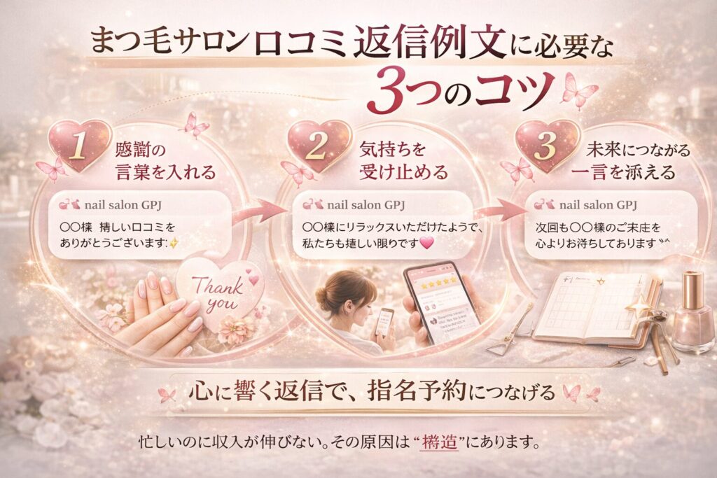 ネイルサロン口コミ返信例文に必要な3つのコツ（感謝・気持ちの受け止め・未来につなげる一言）を示した横型バナー画像
