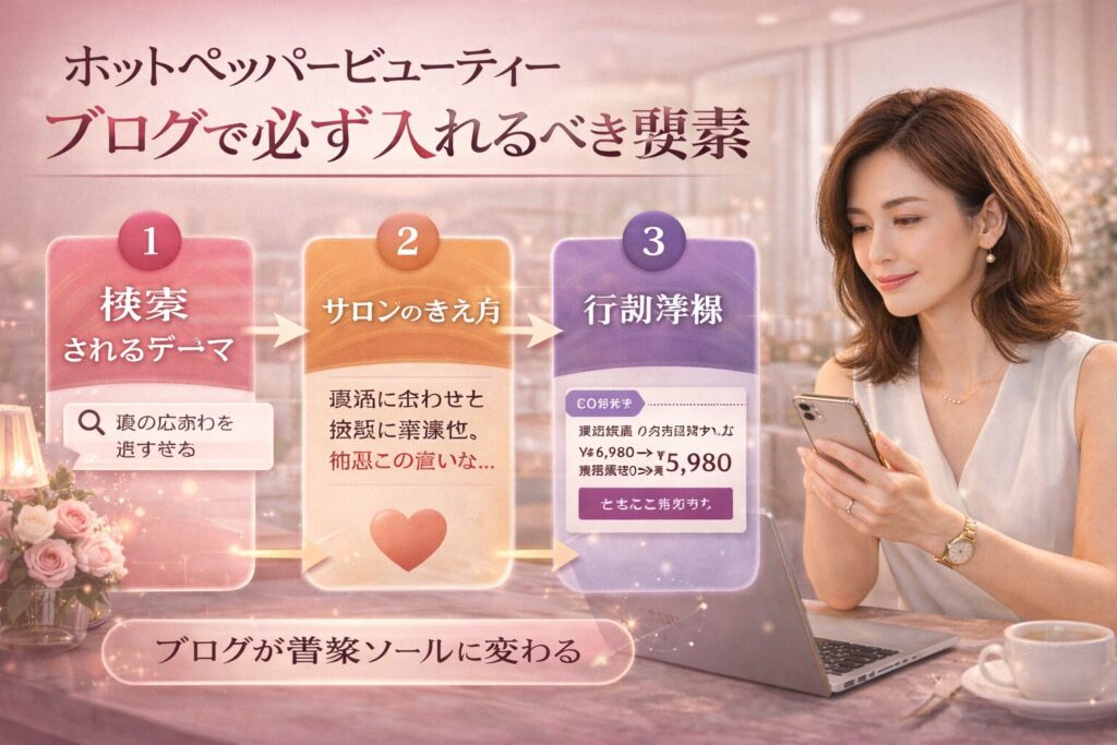 ホットペッパービューティーブログで必ず入れるべき要素を、検索テーマ・サロンの考え方・行動導線の3構成で解説する美容サロン向け横型マーケティング画像