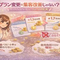 ホットペッパービューティーのプラン変更に悩む女性と、料金プラン比較・費用増加・効果差を示すイラスト