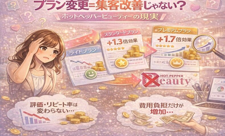 ホットペッパービューティーのプラン変更に悩む女性と、料金プラン比較・費用増加・効果差を示すイラスト